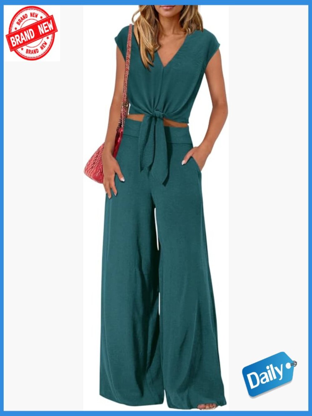 Women's 2 Piece Outfits Cap Sleeve V Neck Crop Top Wide Leg Pant Set